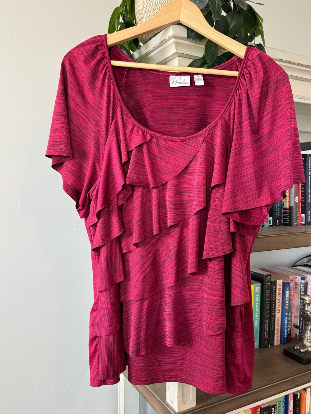 Kim Rogers burgundy ruffle blouse